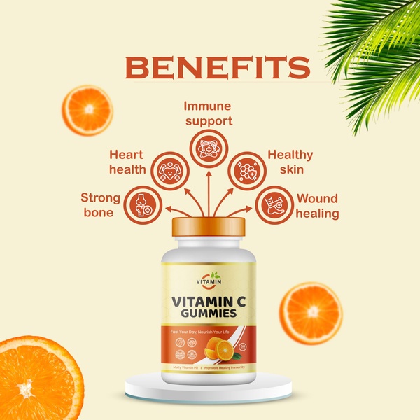 A clean, educational ad creative that uses a central product image with branching icons to clearly define the health advantages of Vitamin C gummies.